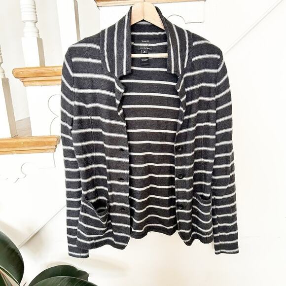 Tahari Merino Wool Blend Striped Cardigan Gray White Button-Front Pockets Sz S - Picture 1 of 6